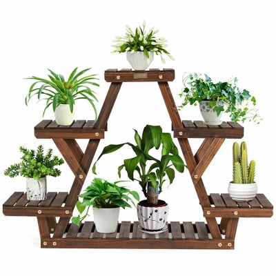 Costway Wood Plant Stand Triangular Shelf 6 Pots Flower Shelf Storage Rack Plant Holder