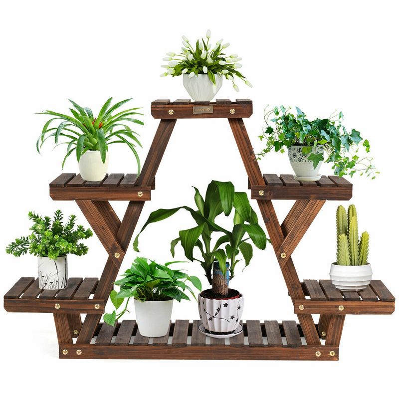 Costway Wood Plant Stand Triangular Shelf 6 Pots Flower Shelf Storage Rack Plant Holder, 1 of 13