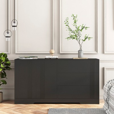 Modern Sideboard Buffet Cabinet with 3 Drawers and Doors, Large Kitchen Coffee Bar with Adjustable Shelves for Dining Room Storage