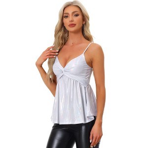 INSPIRE CHIC Women's Sleeveless Deep V Neck Shimmer Metallic Peplum Party Cami Top - 1 of 4