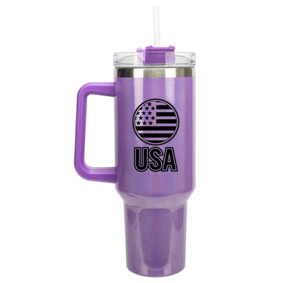 100 North USA American Flag Emblem Wrap-Around 40 Oz. Stainless Steel Water Bottle Coffee Mug, Spill & Leak Resistant, Travel Tumbler with Handle, Lid