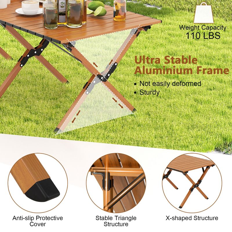 Costway Folding Aluminum Camping Table with  Carry Bag Roll-Up Picnic Table with  Wood Grain, 5 of 11