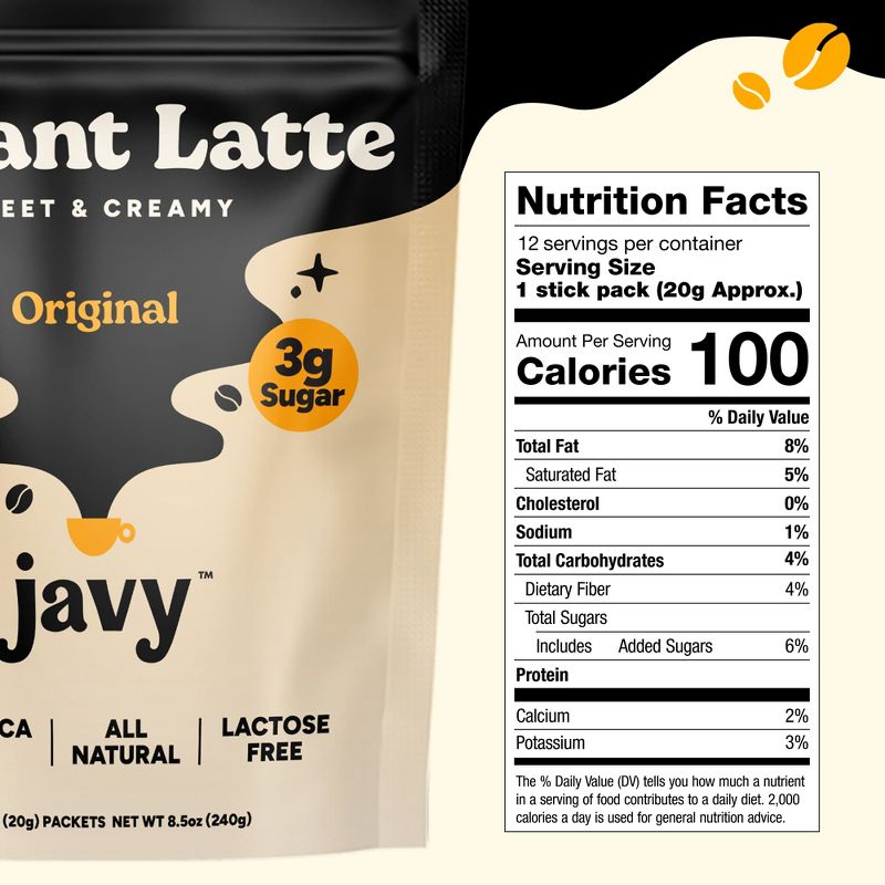 Javy Instant Latte - Instant Coffee Packets - Zero Artificial Flavors & Sweeteners - Enjoy Hot or Cold - Just Add Water, 12 single servings per bag, 2 of 3