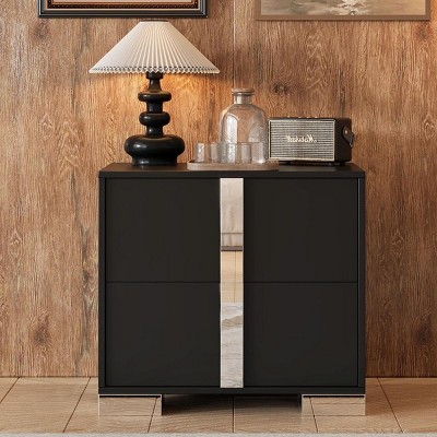 INFURNIC Nightstands Elegant Mirrored Nightstand with Metal Handles and 2 Drawers for Bedroom Living Room, Black, 23.3"*15.4"*21.3"