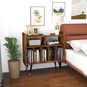 TIRAMISUBEST Mid-Century Modern Vinyl Record Player Stand, TIRAMISUBEST Turntable Storage Cabinet with Charging Ports (Brown) - 1 of 4