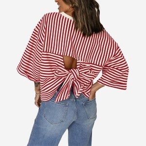 Amaryllis Women’s Striped Wide Sleeve Top with Open Back Statement Bow Detail Relaxed Fit Casual - 1 of 4