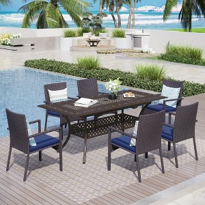 Captiva Designs Outdoor 7Pc Cast Aluminum Square Metal Dining Table with Umbrella Hole & Cushioned Wicker Rattan Chairs - 1 of 4