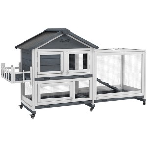 PawHut 65" Wooden Rabbit Hutch, Pet Playpen with Openable Roof, Bunny House Enclosure with Wheels & Storage Box for Rabbits and Small Animals, Gray - 1 of 4