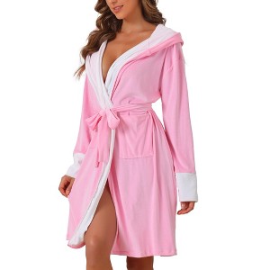 cheibear Women's Flannel Soft Hooded Fluffy Plush Long Spa Bathrobe with Belt - 1 of 4