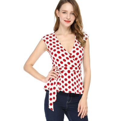 Allegra K Women's V Neck Sleeveless Self Tie Wrap Front Dotted Blouse