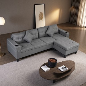 Modern 4-Seater L-Shaped Sectional Sofa, Linen Upholstery, Left/Right Chaise - 1 of 4