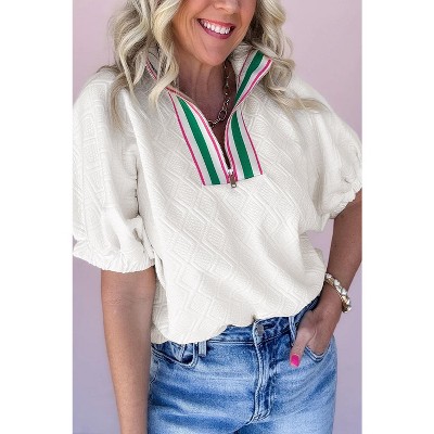 Light Pink Contrast Striped Collar Patchwork Textured Half Sleeve Blouse