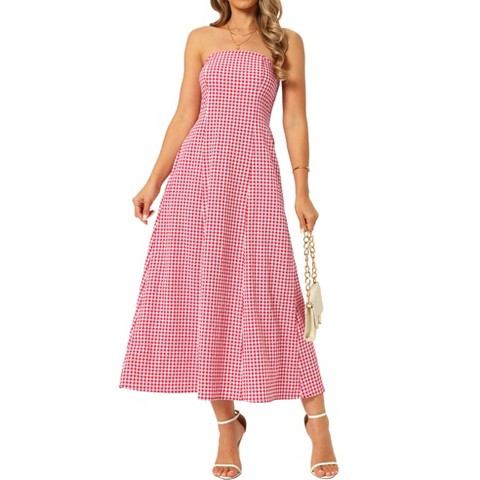 Женские платья INSPIRE CHIC Women's Gingham Strapless Sleeveless Off Shoulder Smocked Beach A-Line Maxi Sundress Small Red