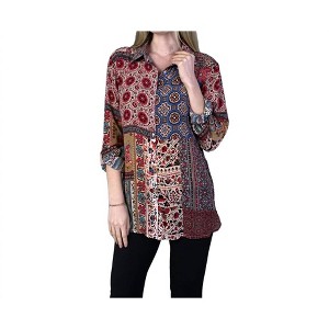 Women's Patchwork Print Button Up Tunic Top - Shana Apparel - 1 of 1