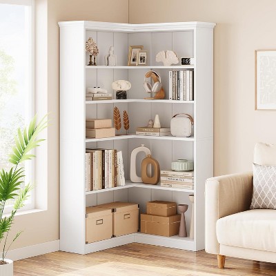 Homhougo 72" L-Shaped Corner Bookshelf, 5-Tier Wood Bookcase with Anti-Tip Design for Living Room, Office, Easy Assembly Rustic Storage Shelf