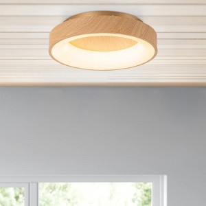 Rennnsan Avorin 15" W Drum Round Wooden Farmhouse LED Dimmable Flush Mount in Beige - 1 of 4