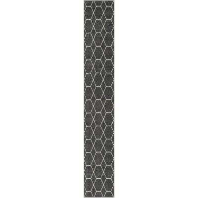 Dark Gray and Ivory Geometric Trellis Runner Rug