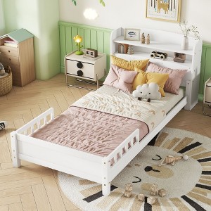 NicBex Twin Size Bed Frame,Pine Wood Platform Bed with Bookcase Headboard,LED Motion Sensor Light,Guardrails,Bedframe for Girls and Boys - 1 of 4