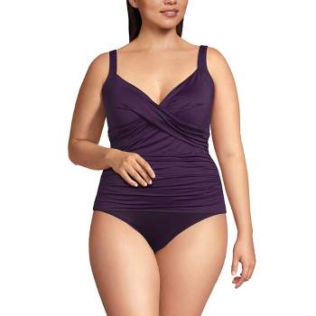 Lands' End Women's Plus Size Chlorine Resistant Tummy Control V-neck Wrap  Underwire Tankini Swimsuit Top - 16w - Black Havana Floral : Target