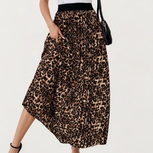 Anna-Kaci Women’s Leopard Print Midi Skirt with Flowing Pleated Texture and Comfortable Stretch Waistband for Effortless Movement - 1 of 4