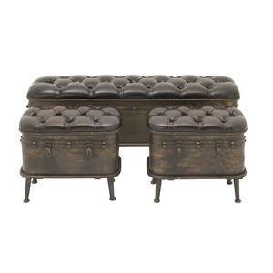 Set of 3 Vintage Metal and Faux Leather Storage Benches Brown - Olivia & May - 1 of 4