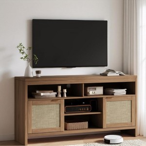 Brown Brown Boho TV Stand for TV up to 65 Inch 58inch Modern Rattan Entertainment Center with Storage and Adjustable Shelves Wooden Media TV Console - 1 of 4