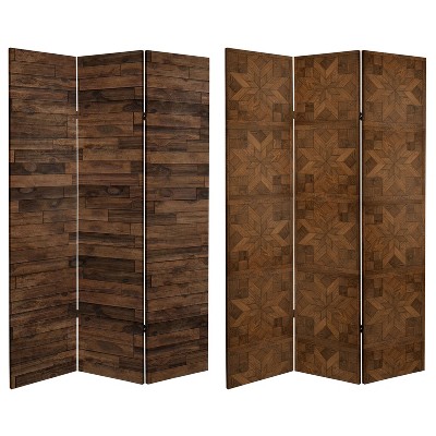 6" Double Sided Walnut Wood Pattern Canvas Room Divider Brown - Oriental Furniture