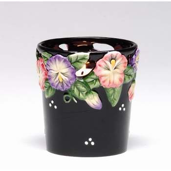 Kevins Gift Shoppe Ceramic Pansy Flower Black Votive Candle Holder with Glass Cup