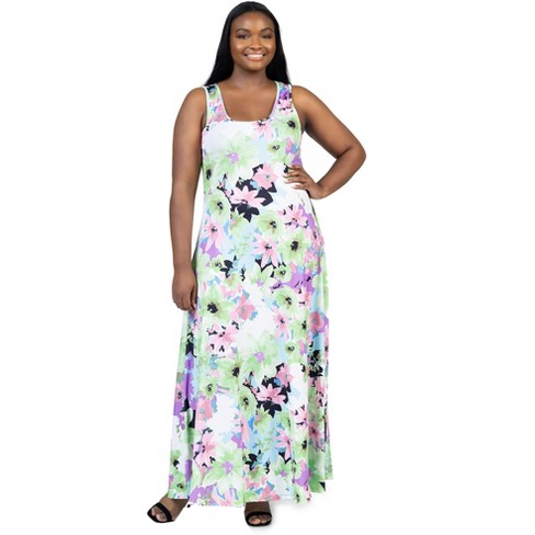 24seven Comfort Apparel Plus Size Pastel Floral Scoop Neck A Line  Sleeveless Maxi Dress-Multicolored-1X