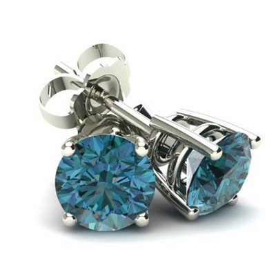 Pompeii3 .85Ct Round Brilliant Cut Heat Treated Blue Diamond Stud Earrings in 14K Gold Basket Setting