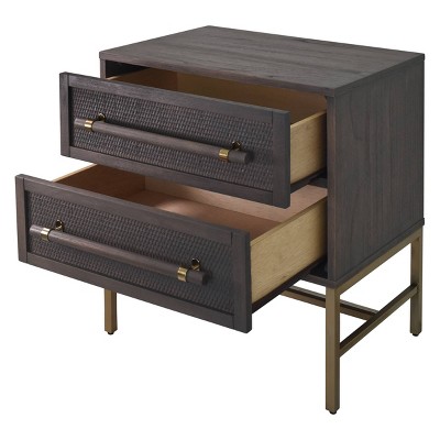 Sophia Gray Rattan 2-Drawer Nightstand with Brass Accents