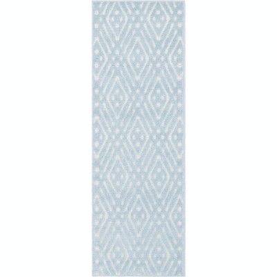 Light Blue Geometric Flat Woven Outdoor Runner Rug