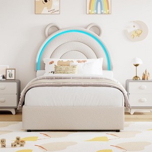 GAOMON Twin Bed Frame with 4 Storage Drawers, Velvet Platform Bed with Rainbow Headboard for Kids/Boys, Solid Wood Slats Support, No Box Spring Needed - 1 of 4