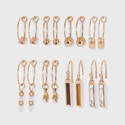 Mixed Semi-Precious with Geometric Shape Charm Hoop Earring Set 8pc - Universal Thread™ Worn Gold