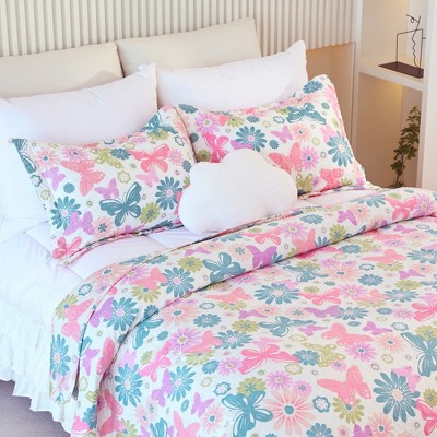Acoinel Butterfly Floral Quilt Set - 3-Piece Reversible Bedspread with Pillow Shams,King — фото 3