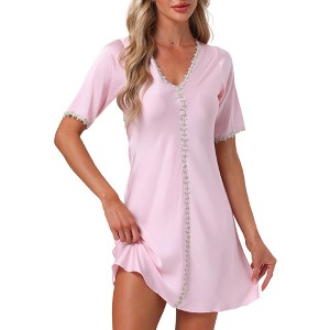 INSPIRE CHIC Womens Nightgown Floral Satin A-line Sleepdress Soft V Neck Short Sleeve Loungewear - 1 of 4