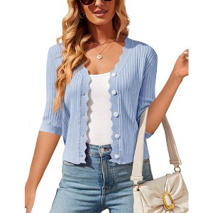 Womens 3/4 Sleeve Cardigan Ribbed Knit Front Button Down Cardigan with Wavy Trim Womens Sweater Shrugs - 1 of 4