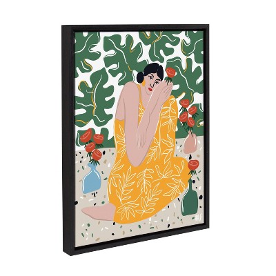 Monstera and Roses Framed Canvas Wall Art, 18x24, Black