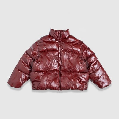 Women's Short Wet Look Puffer Jacket - A New Day™ Berry XS