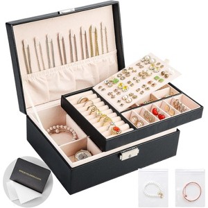2-Layer Leather Jewelry Box with Lock, Travel Organizer with Removable Tray & Jewelry Bags - 1 of 4