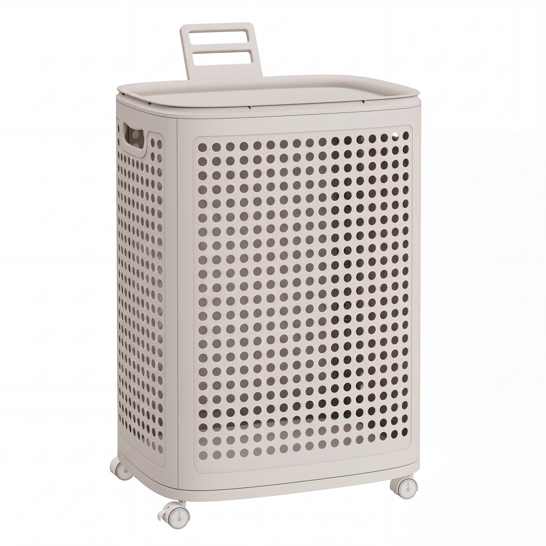 SONGMICS PP Plastic Laundry Hamper with Lid, 75 L Ventilated Laundry Basket with Cutout Handles, 16.7 x 13 x 24 inch, Light Beige