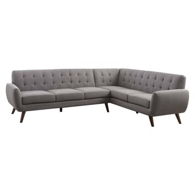Elegant Mid-Century Light Gray Linen & Wood Sectional Sofa