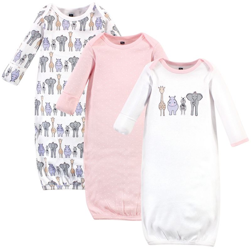 Hudson Baby Infant Girl Cotton Long-Sleeve Gowns 3pk, Pink Safari, 1 of 6