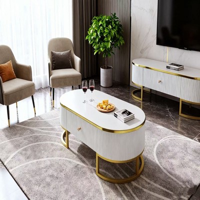 Homy Casa Oval Coffee Table with Storage Drawer and Gold Metal Base for Living Room and Apartments, White Finish