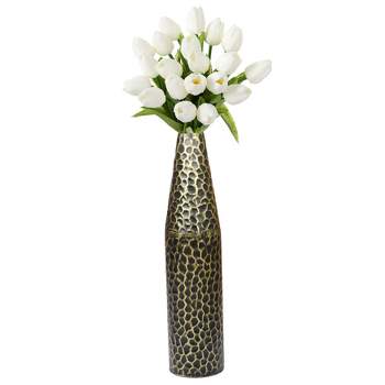 Uniquewise Hammered Metal Decorative Centerpiece Flower Table Vase Two Tone Black and Gold 20 Inch
