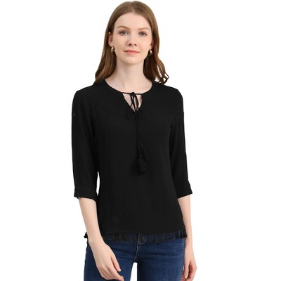 INSPIRE CHIC Women's Tassel Tie Neck 3/4 Sleeve Boho Blouse