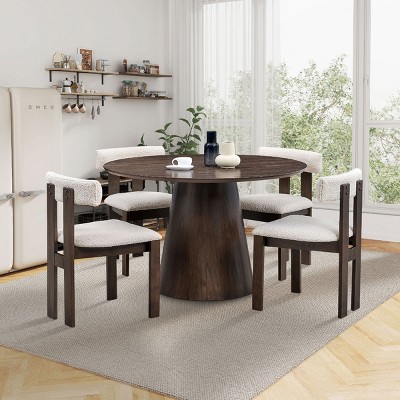 5 Piece Wood Dining Table Set,Modern Round MDF Kitchen Table with 4 Boucle Upholstered Chairs,Dining Set for Kitchen Dining Room-Coolbibila