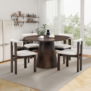 5 PCS Dining Set, 1 Round MDF Table and 4 Upholstered Chairs, Space-Saving Design for Dining Room, Rubber Wood Frame Chairs-Coolbibila - 1 of 4