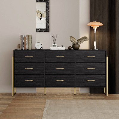 FUFU&GAGA Black Wood Big Drawers Dresser With Metal Frame Legs