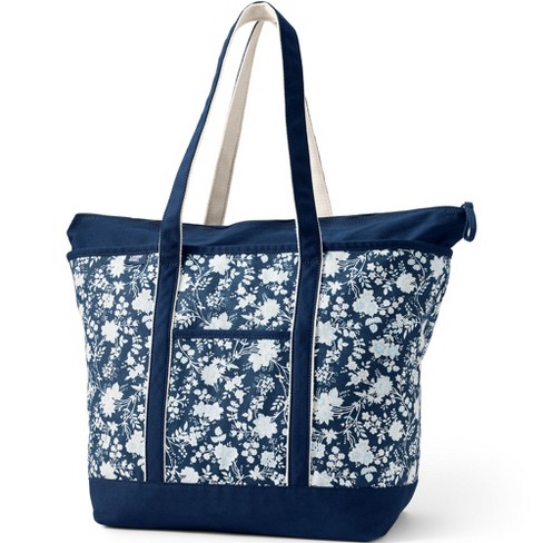 Lands' End Extra Large Print 5 Pocket Zip Top Long Handle Canvas Tote Bag -  - Deep Sea Navy Classic Floral